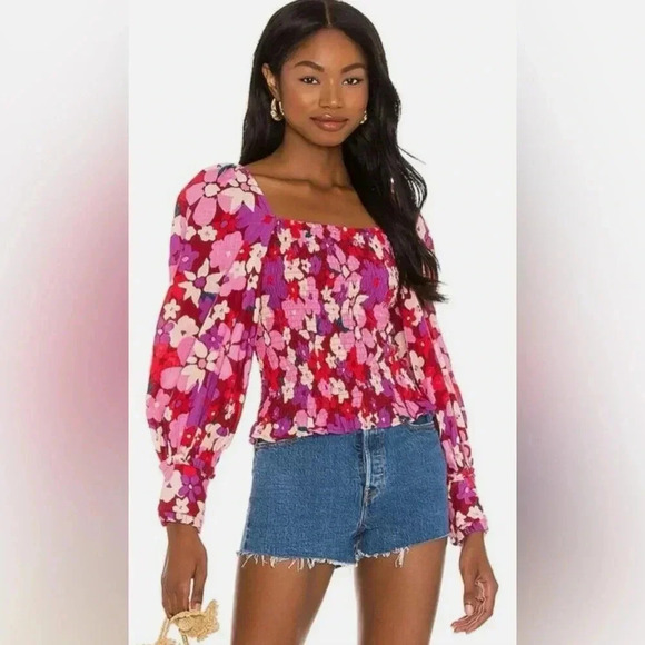 FREE PEOPLE Floral ARIANA SmockBodice PuffSleeve Top /Size XS / - Picture 1 of 12